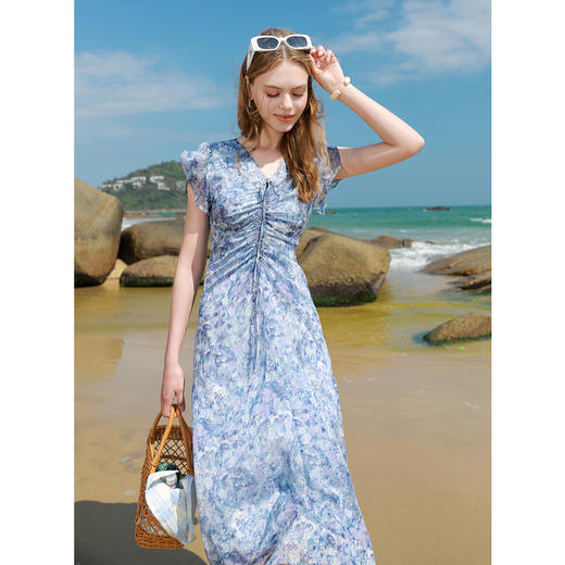 三彩2025夏季新款浪漫碎花裙V领抽绳飘带连衣裙A字裙长裙M 商品图3