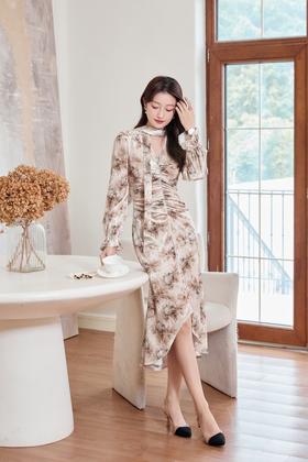 Le Malene 浪漫优雅丝绒印花飘带连衣裙 19543