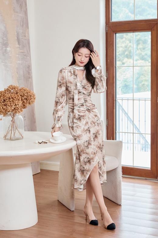 Le Malene 浪漫优雅丝绒印花飘带连衣裙 19543 商品图0