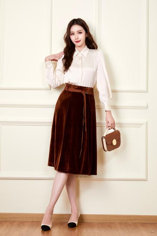 Le Malene 棕色中长款丝绒腰带半裙 19907 商品图2