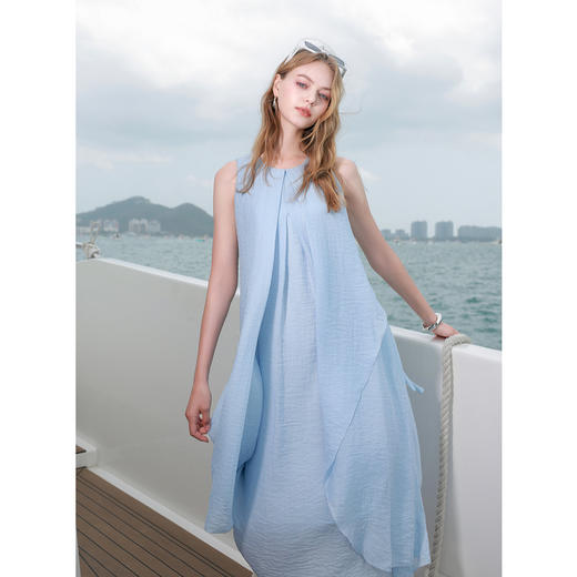 三彩2025夏季新款莱赛尔连衣裙圆领无袖A字裙宽松长裙度假M 商品图2