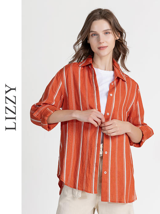 LIZZY时尚街头百搭休闲通勤色织条纹亚麻长袖衬衫8142 商品图0