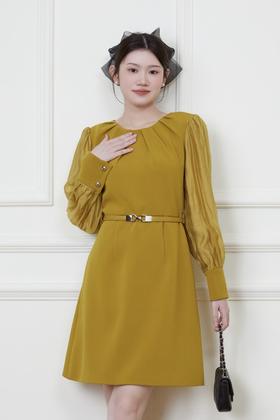 Le Malene 黄绿色拼接式圆领高腰连衣裙 19891
