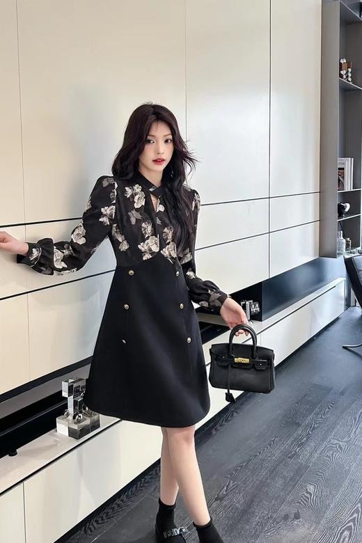 ELLA JADE 浪漫印花拼接式双排扣连衣裙 19812 商品图1