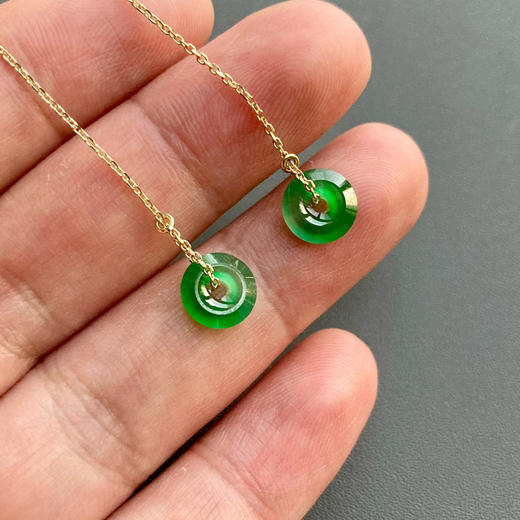 高冰到玻璃种阳绿翡翠平安扣耳线18k黄金镶嵌 商品图4