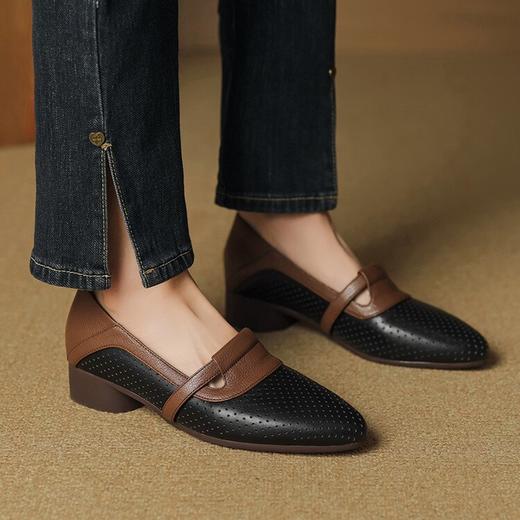 【预售5天】法式拼色软皮低跟单鞋女新款春季圆头中口洞洞鞋一脚蹬小皮鞋YCJX&H-7395 商品图4