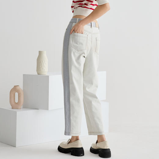 谜底牛仔裤女2025夏季新品撞色拼接烟管合身直筒九分裤252MK0694 商品图2