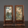 清 黄花梨镶云石彩绘麻姑献寿人物砚屏（一对） 商品缩略图1