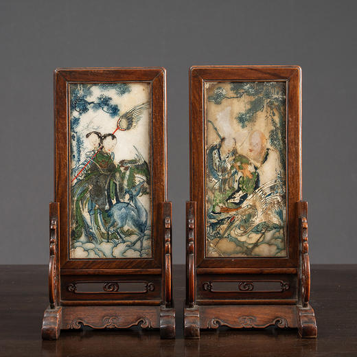 清 黄花梨镶云石彩绘麻姑献寿人物砚屏（一对） 商品图1