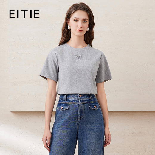 EITIE爱特爱简约圆领正肩直筒显瘦蝴蝶绣花休闲T恤短袖2025夏新款B2502604 商品图1