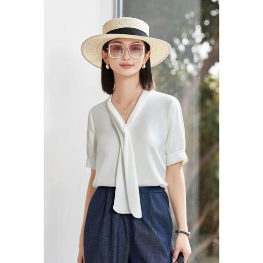 米思阳2025夏季新款职业通勤飘带领衬衫气质高级感面试白衬衫1324 商品图4