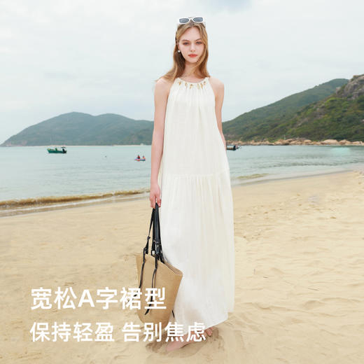 【亚麻】三彩2025夏季新款挂脖连衣裙无袖宽松A字裙小白裙长裙度假M 商品图2