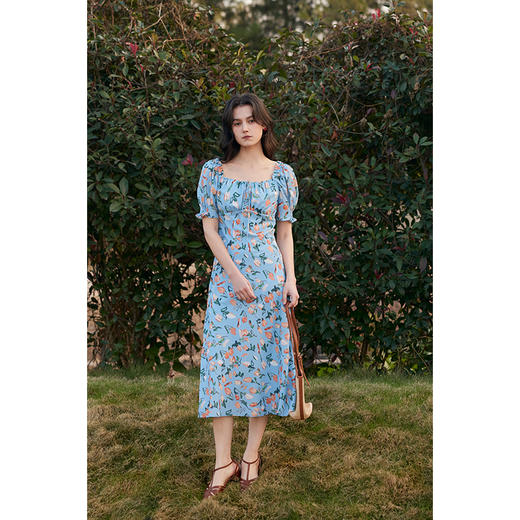 HeyDress法式郁金香印花连衣裙女夏季方领度假收腰气质碎花裙子 商品图0