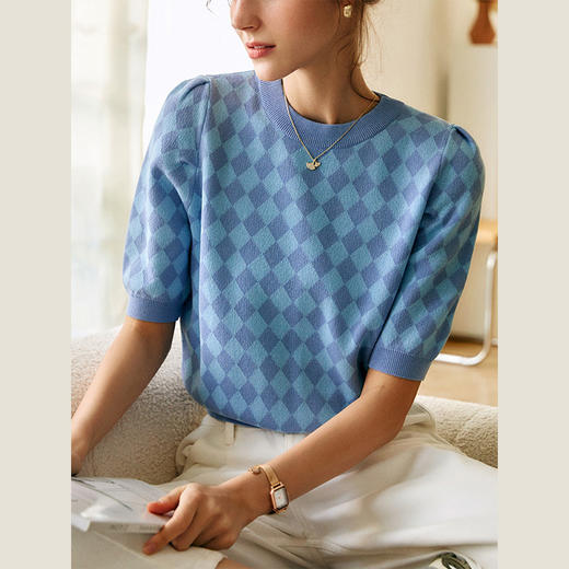 OLrain欧芮儿法式菱格蓝色针织衫女夏季2025新款气质撞色薄款上衣 商品图1