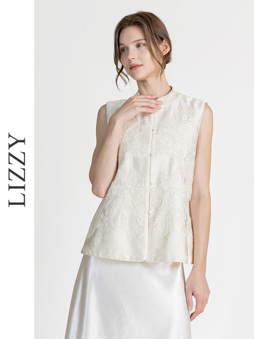 LIZZY早秋重工钉珠立领优雅百搭轻奢马甲8145 商品图0