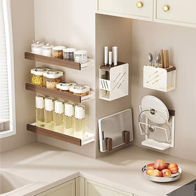 摩登主妇胡桃木厨房置物架壁挂式免打孔刀架锅盖多功能调料收纳架