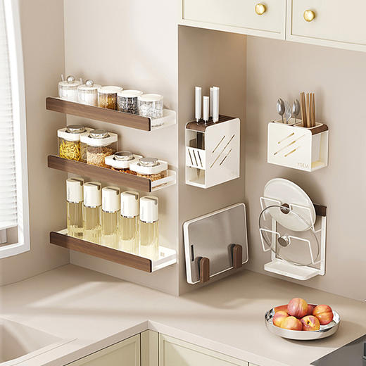 摩登主妇胡桃木厨房置物架壁挂式免打孔刀架锅盖多功能调料收纳架 商品图0