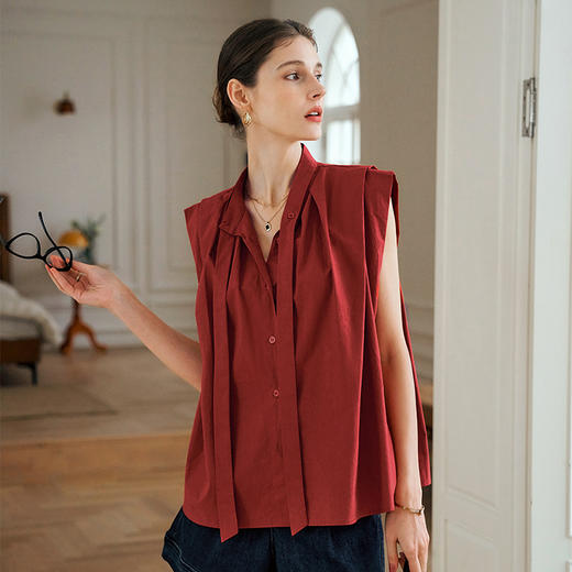 OLrain欧芮儿红色立领衬衫女2025夏季新款通勤简约百搭飘带上衣 商品图0