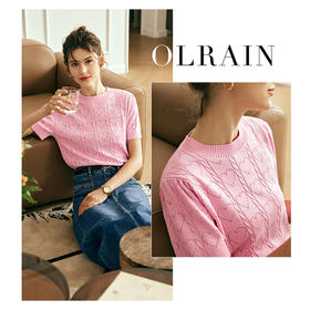 OLrain欧芮儿法式粉色短袖针织衫女春季2025新款圆领镂空宽松上衣