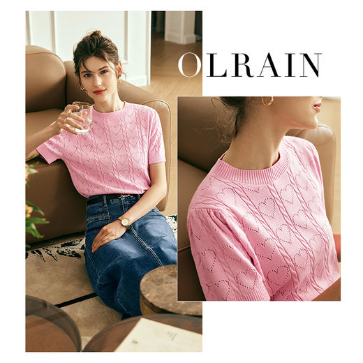 OLrain欧芮儿法式粉色短袖针织衫女春季2025新款圆领镂空宽松上衣 商品图0