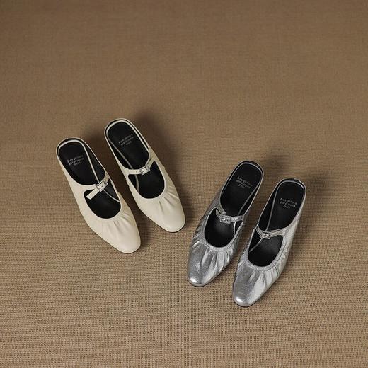 【预售5天】银色包头半拖鞋女夏外穿羊皮玛丽珍配裙子韩系褶皱粗跟穆勒凉拖鞋HB&2201 商品图4