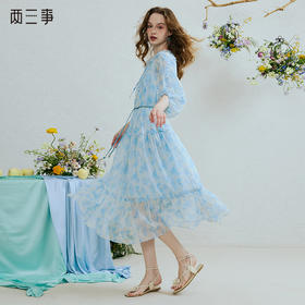 两三事叠影游丝2025夏季新款温柔风印花灯笼袖仙女裙两件套连衣裙