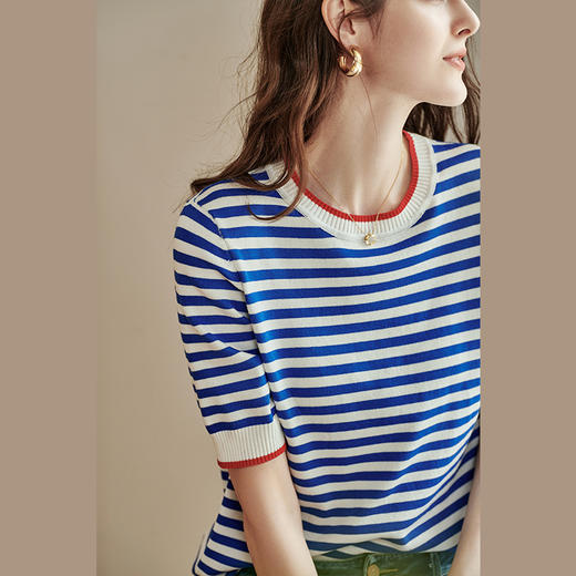 欧芮儿短袖针织t恤女冰丝薄款条纹夏季新款2025圆领休闲套头上衣 商品图3
