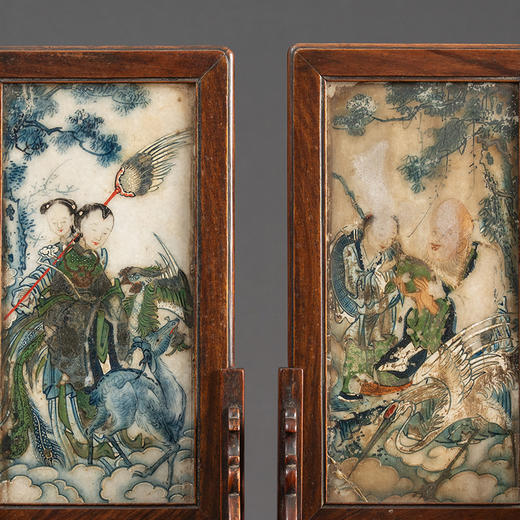 清 黄花梨镶云石彩绘麻姑献寿人物砚屏（一对） 商品图2