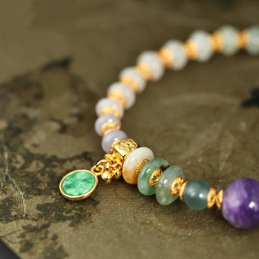 腕间流转的东方美学～天然三彩算盘珠翡翠手串女紫龙晶无事牌吊坠银饰镀金多宝证书 商品图8