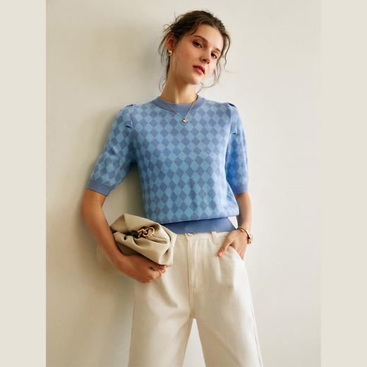 OLrain欧芮儿法式菱格蓝色针织衫女夏季2025新款气质撞色薄款上衣 商品图0