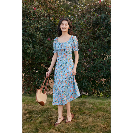 HeyDress法式郁金香印花连衣裙女夏季方领度假收腰气质碎花裙子 商品图2