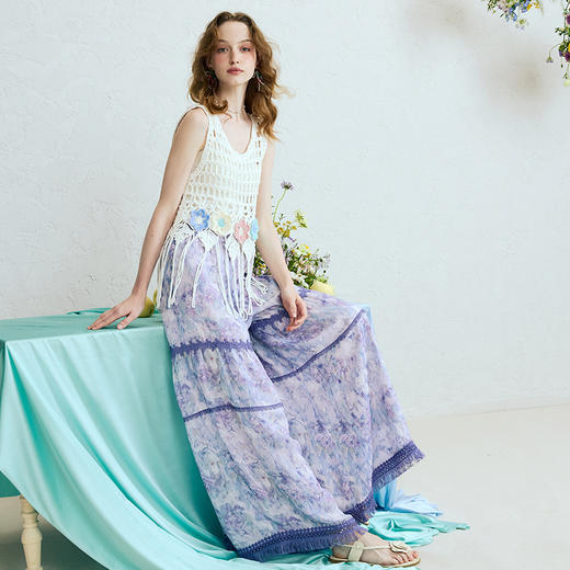 两三事 雾眠洄游 2025夏季新款小清新流苏裤脚口印花阔腿休闲裤女 商品图3