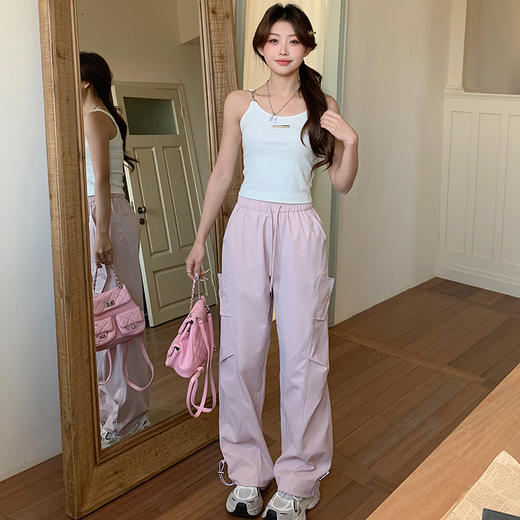 【夏季慵懒，茶歇风】【时髦百搭，不挑人】春夏新款复古高腰抽绳工装裤女宽松松紧腰显瘦拖地直筒阔腿休闲裤100% 商品图0
