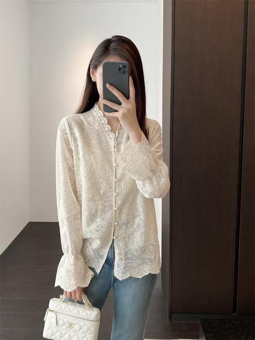 法式重工刺绣上衣V领蕾丝花边小衫长袖开衫喇叭袖白色衬衣女春夏 商品图2