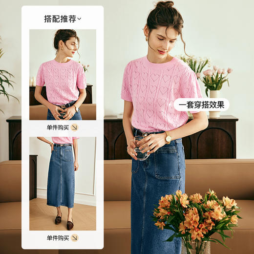 OLrain欧芮儿法式粉色短袖针织衫女春季2025新款圆领镂空宽松上衣 商品图3