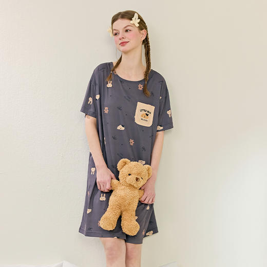 芬腾睡裙女夏季冰丝薄款短袖睡衣裙女款卡通可爱休闲家居服中裙 商品图4