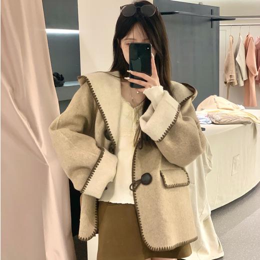 M码【冬日特调】90%羊毛 设计师高定戴帽贝壳刺绣双面呢拼色大衣外套女 商品图2
