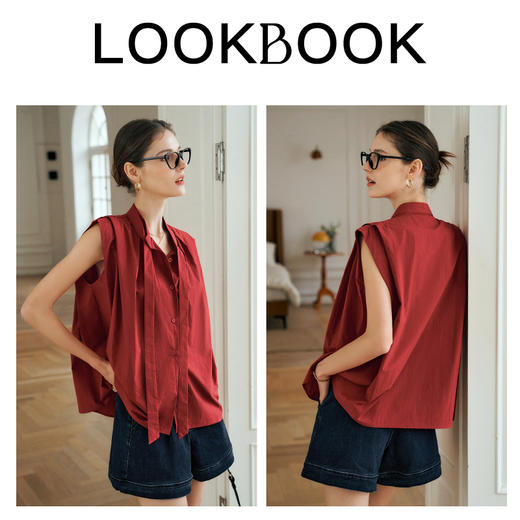 OLrain欧芮儿红色立领衬衫女2025夏季新款通勤简约百搭飘带上衣 商品图3