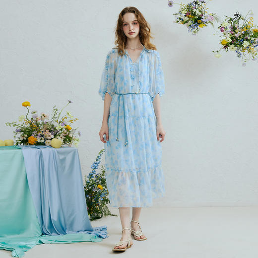 两三事叠影游丝2025夏季新款温柔风印花灯笼袖仙女裙两件套连衣裙 商品图3