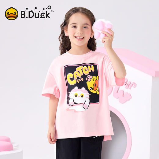bduck小黄鸭童装夏季女童短袖T恤纯棉夏装小女孩半袖上衣儿童猫咪印花105-150 FF2601012 商品图0