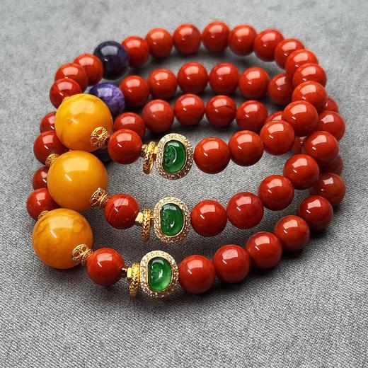 鸿运当头～新中式天然满肉南红手串女 精致蜜蜡翡翠如意镶嵌S925银紫龙晶多宝手链 商品图0