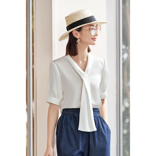 米思阳2025夏季新款职业通勤飘带领衬衫气质高级感面试白衬衫1324 商品图3