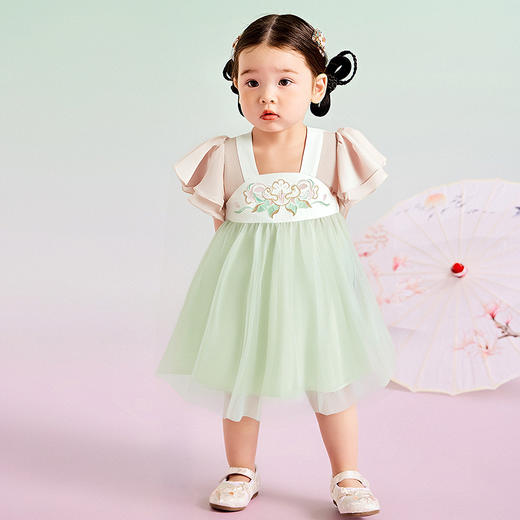 迷你巴拉网纱连衣裙女童儿童透气飞袖高腰甜美裙子春季新品 商品图2