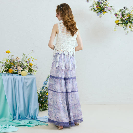 两三事 雾眠洄游 2025夏季新款小清新流苏裤脚口印花阔腿休闲裤女 商品图4