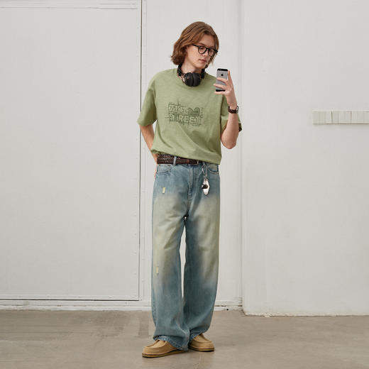 714street几何LOGO印花竹节纹理纯棉短袖T恤男女夏季情侣半袖上衣 商品图1