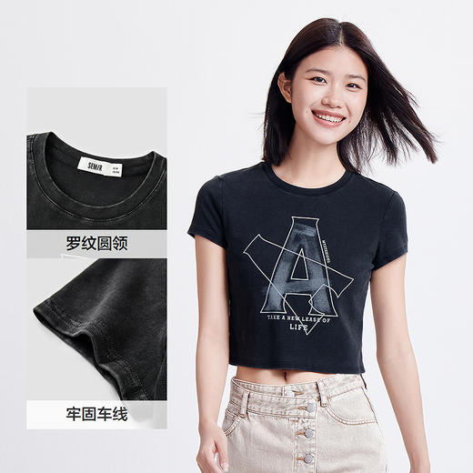 森马短袖T恤女短款字母修身小性感夏季复古做旧正肩上衣辣妹潮酷 商品图3