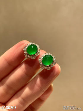 老坑玻璃种艳绿蛋面耳钉。95999【5180203】