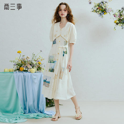 两三事 岚烟织梦 2025夏季新款复古可拆刺绣大翻领绑带印花连衣裙 商品图0