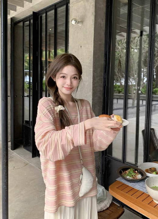 【GZ】无忧购早春游园 彩色条纹假两件露肩T恤+简约宽松半身裙套装1131-5（截单后7天发货) 商品图8