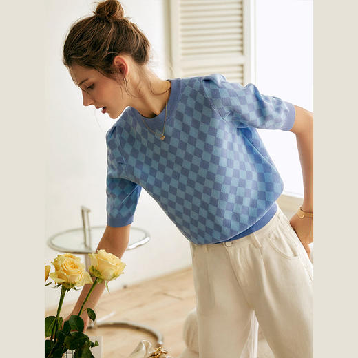 OLrain欧芮儿法式菱格蓝色针织衫女夏季2025新款气质撞色薄款上衣 商品图2